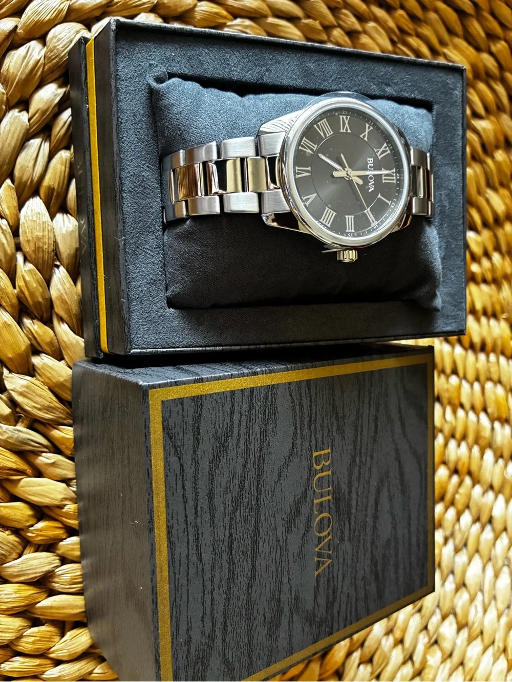 Bulova Silver Men's Watch with Black Dial and Roman Numerals